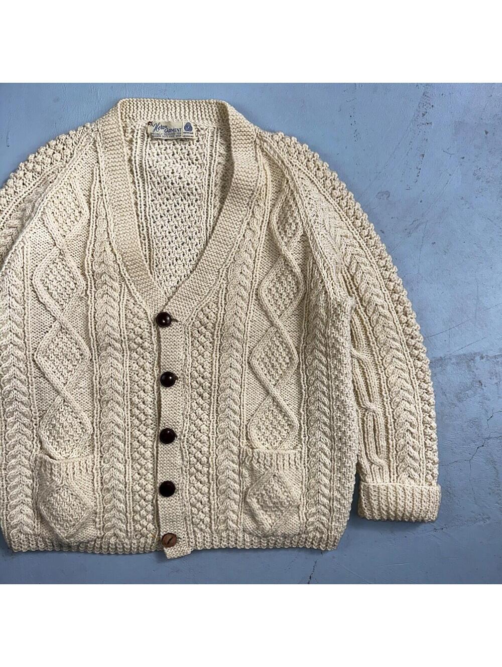 Heron Garment VTG 1970s Thick Ivory Pure Wool Cabled Cardigan Sweater 70s